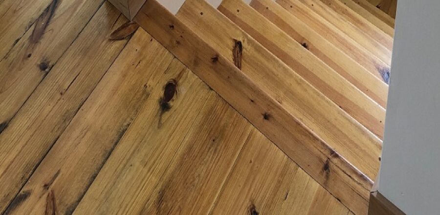 $2.50 per square foot DIY finished the most amazing Heart Pine flooring and Stairs